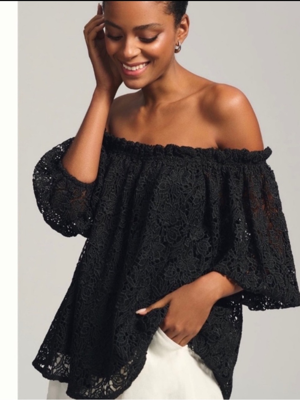 New Anthro Maeve Off-The-Shoulder Lace Relaxed fit Black Top Blouse, S